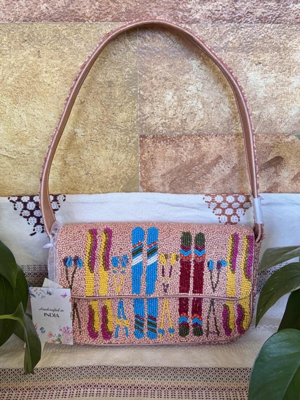 NEW Made In India Sundown Beaded Ski Print Multi-Color Handcrafted Shoulder Bag